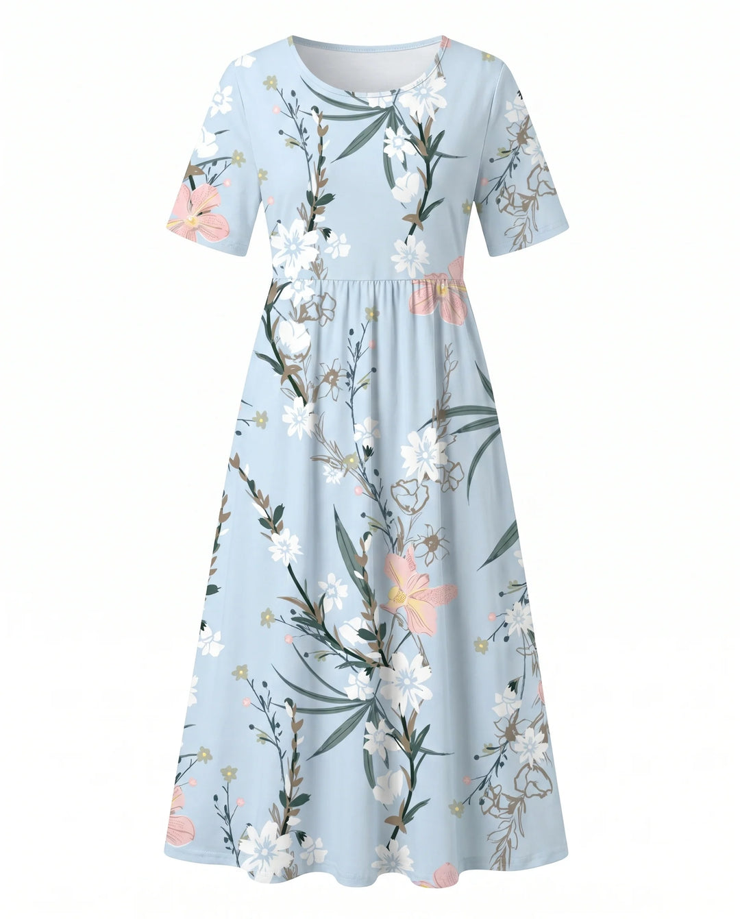 Full-length view of floral midi dress paired with neutral sandals for casual summer styling