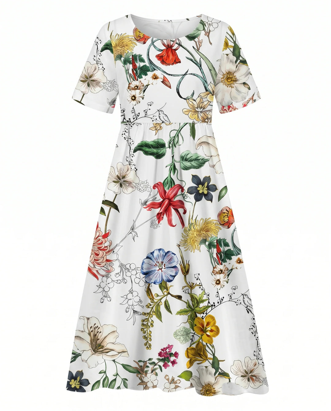 Back view of floral midi dress showing A-line silhouette and allover botanical print