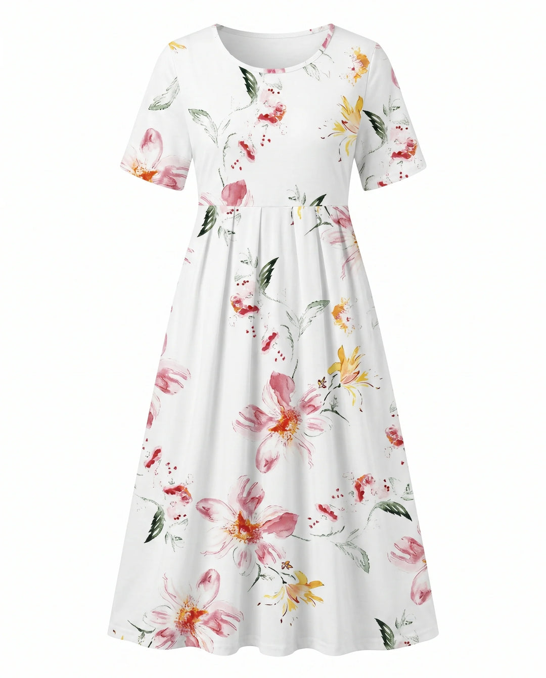 Woman styling floral midi dress with relaxed fit and comfortable short sleeves