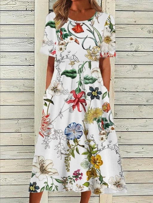 Floral midi dress in white and green color option with botanical print pattern