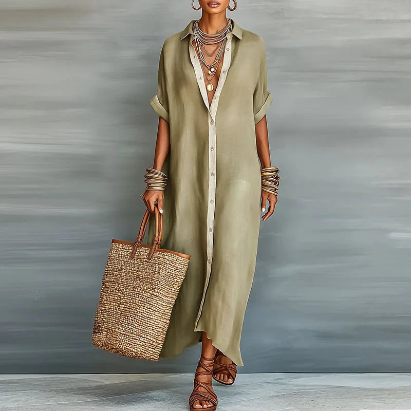 Woman wearing sage green Linen Long Shirt Sundress Regular Price with button-down front and relaxed maxi silhouette