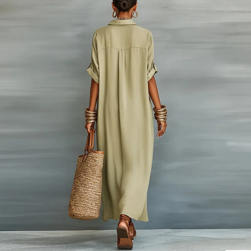 Front view of Linen Long Shirt Sundress showing turn-down collar and contrast placket detailing