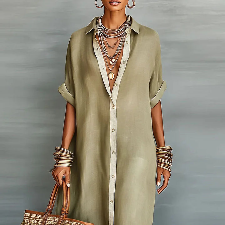 Side angle of relaxed maxi shirt dress with natural drape and short sleeves