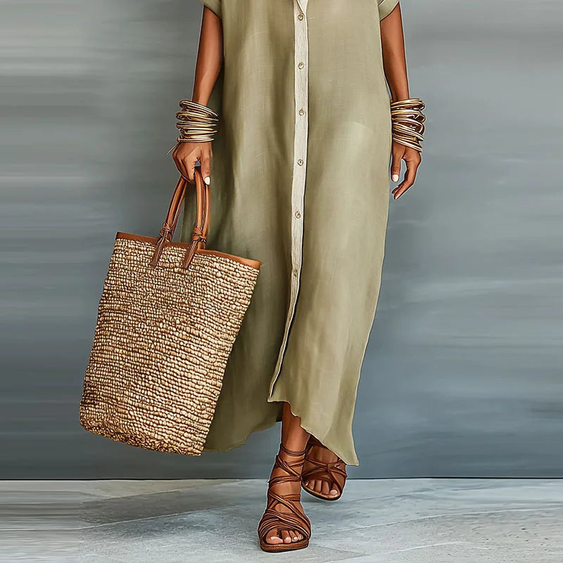 Close-up of button-down front and lightweight fabric texture on long shirt sundress