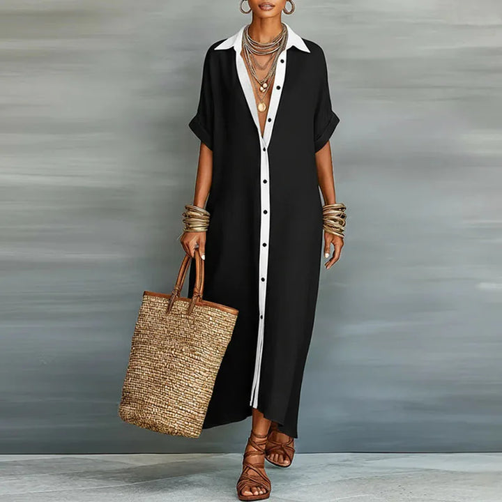 Full-length view of Linen Long Shirt Sundress paired with sandals and woven tote
