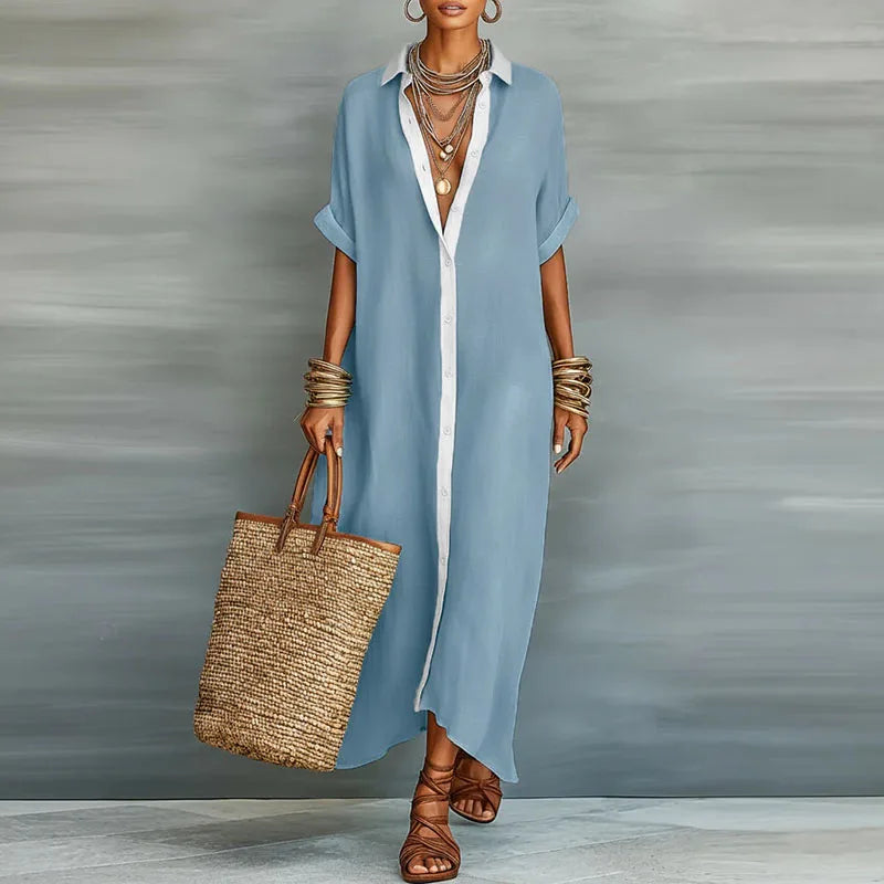 Woman styling Linen Long Shirt Sundress with layered jewelry and casual accessories