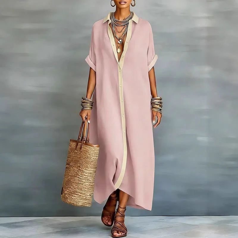 Back view of relaxed maxi sundress showing flowing hemline and shirt-inspired silhouette