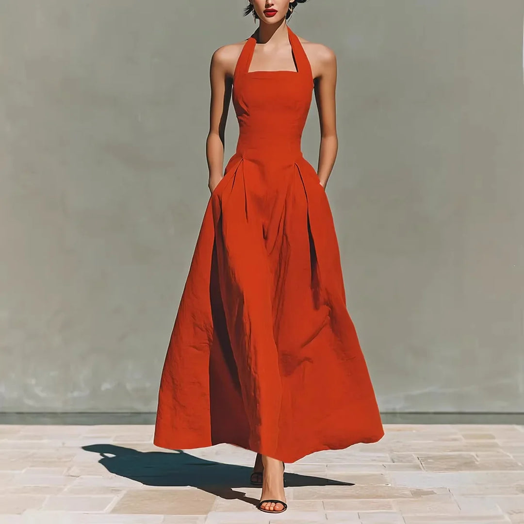 Full-length view of a-line maxi dress with hidden side pockets in skirt