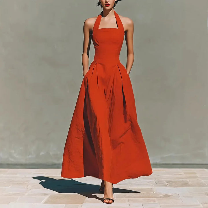 Full-length view of a-line maxi dress with hidden side pockets in skirt