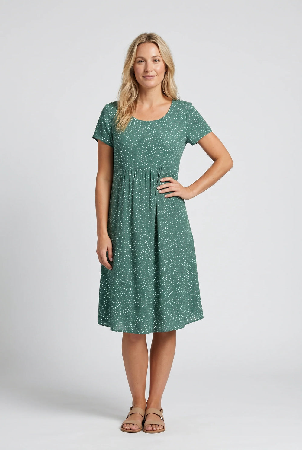 Close-up view of polka dot midi dress showing rounded neckline and all-over dot print pattern
