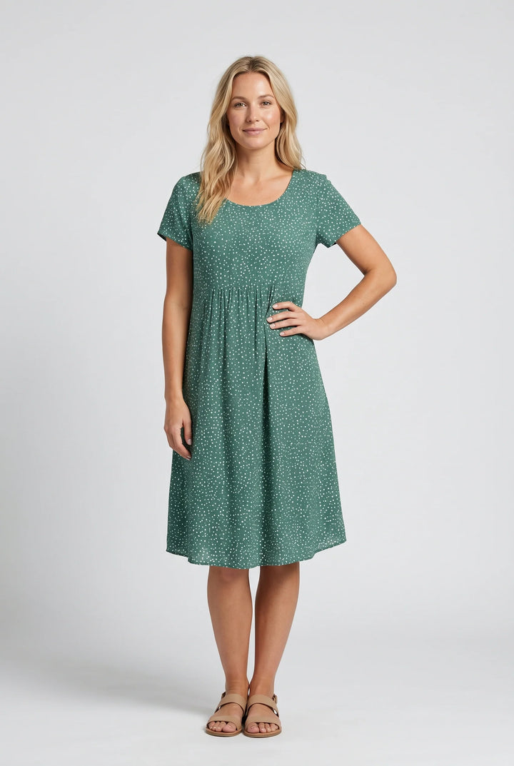 Close-up view of polka dot midi dress showing rounded neckline and all-over dot print pattern
