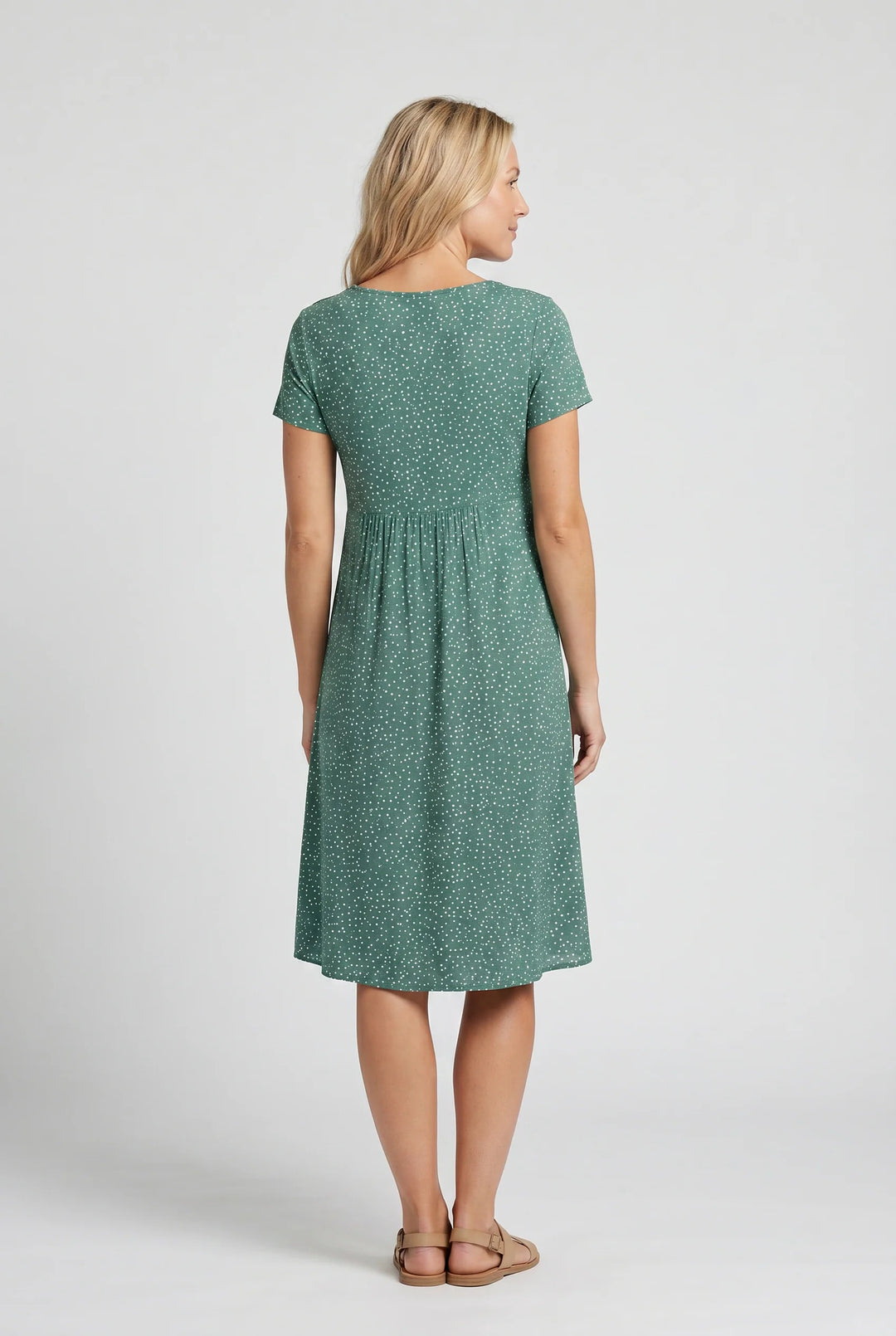 Detail shot of polka dot midi dress fabric showing lightweight woven texture and print pattern