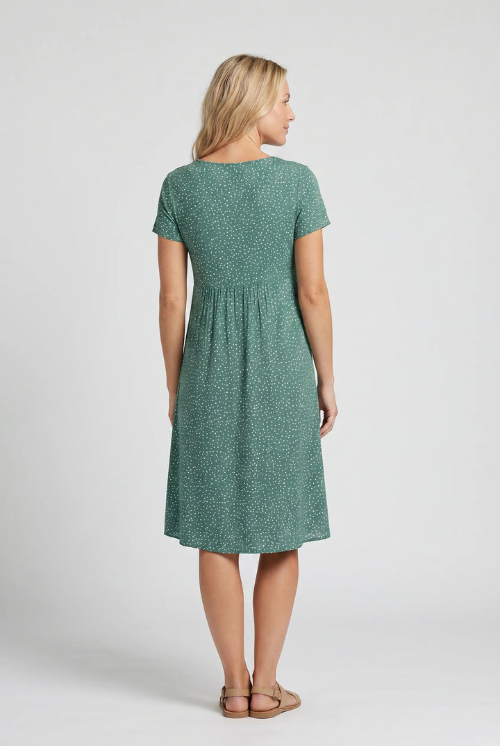 Detail shot of polka dot midi dress fabric showing lightweight woven texture and print pattern