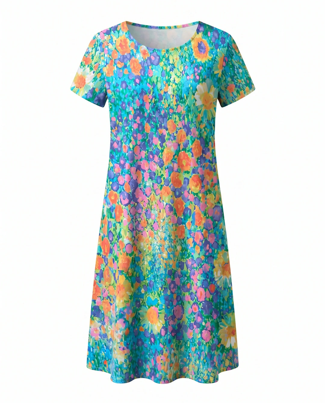 Woman wearing polka dot midi dress in natural outdoor light showing true teal color