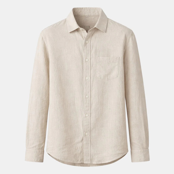 Men's long sleeve shirt in beige with relaxed fit and classic collar on neutral background