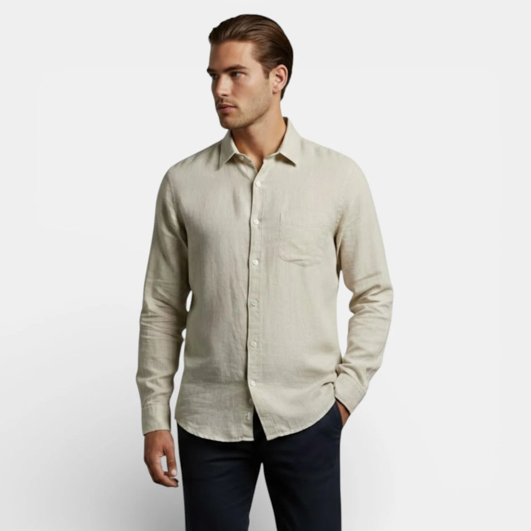 Front view of men's beige long sleeve shirt showing button-front closure and chest pocket