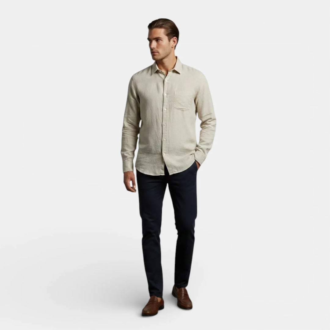 Back view of men's beige shirt displaying relaxed shoulder and body fit