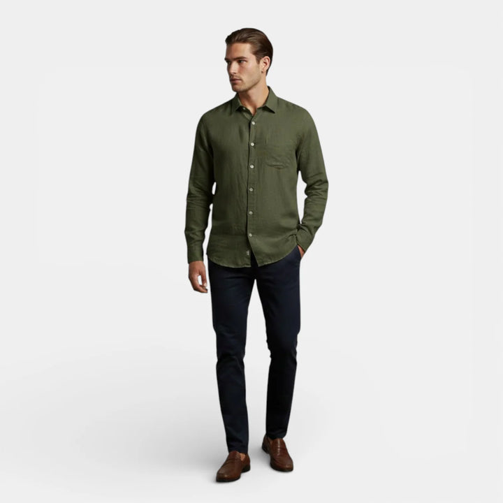 Detail of men's shirt chest patch pocket and smooth woven texture