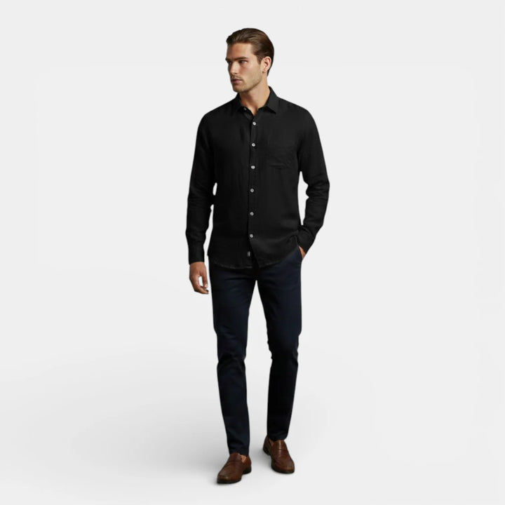 Full front view of men's beige shirt on flat lay showing silhouette