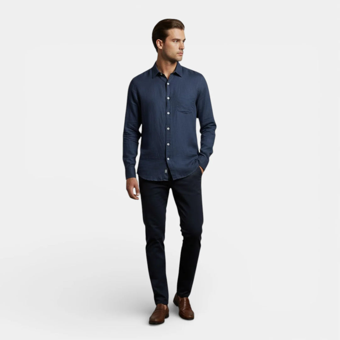 Men's long sleeve shirt fabric texture close-up showing woven construction