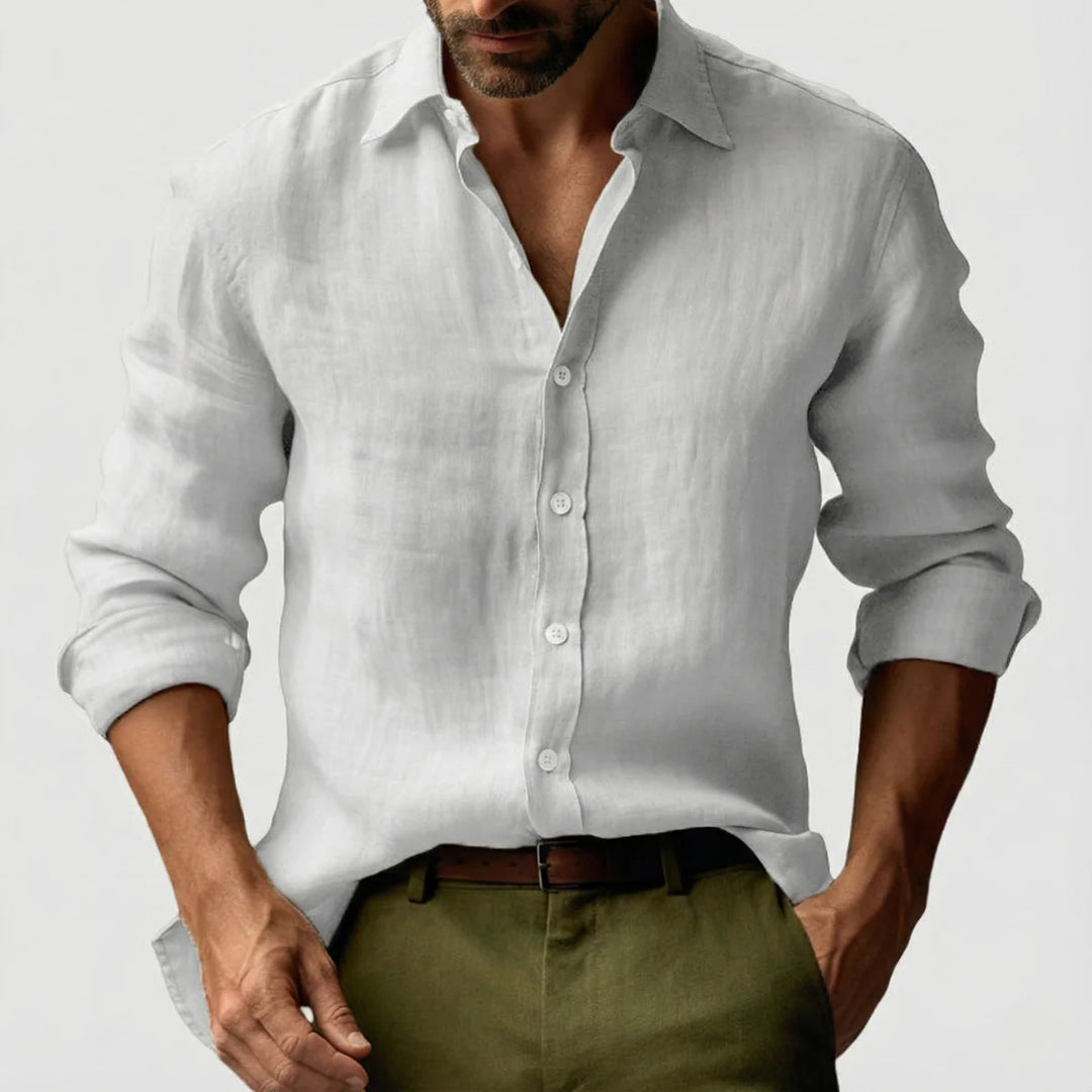 Men's long sleeve shirt with pointed collar and full button front in yellow tone