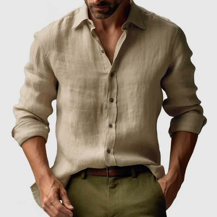 Back view of men's button front shirt showing tailored cut and shoulder seams