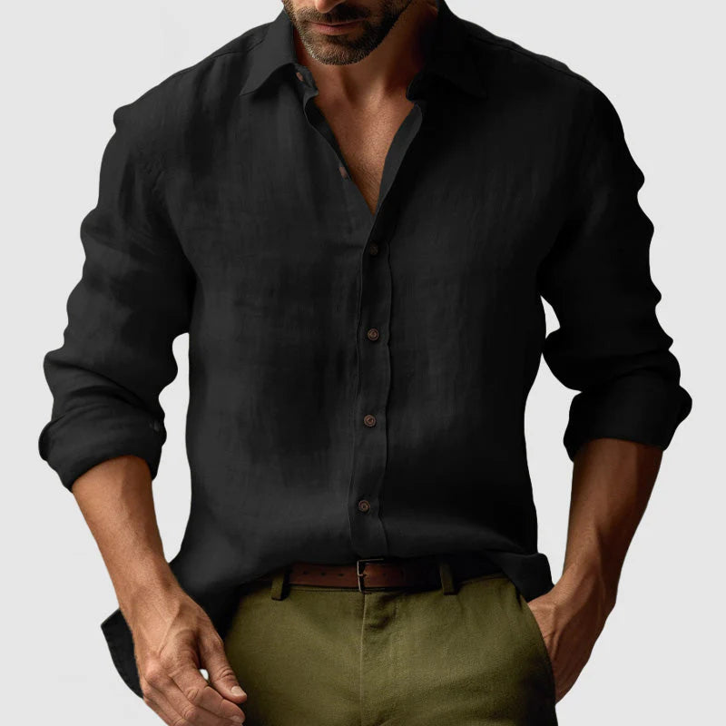 Full-length view of men's button front shirt with classic collar and long sleeves