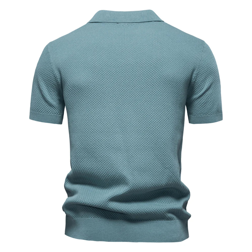 Front view of men's short-sleeve knit polo with split neck and structured fabric