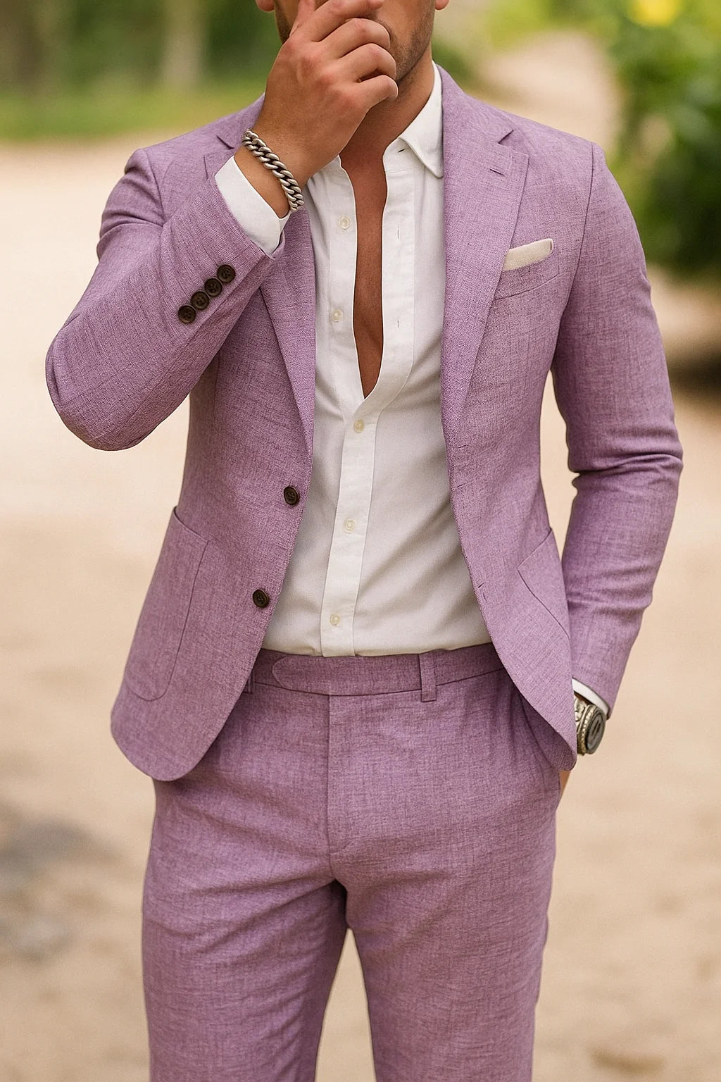 Close-up of two-button closure and chest pocket on men's formal blazer