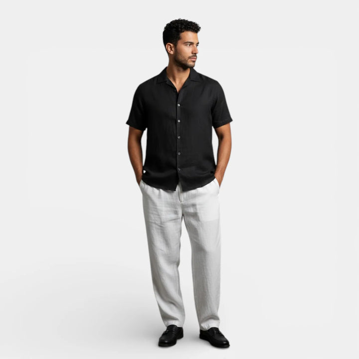 Detail of men's short sleeve shirt collar and shoulder construction in black fabric