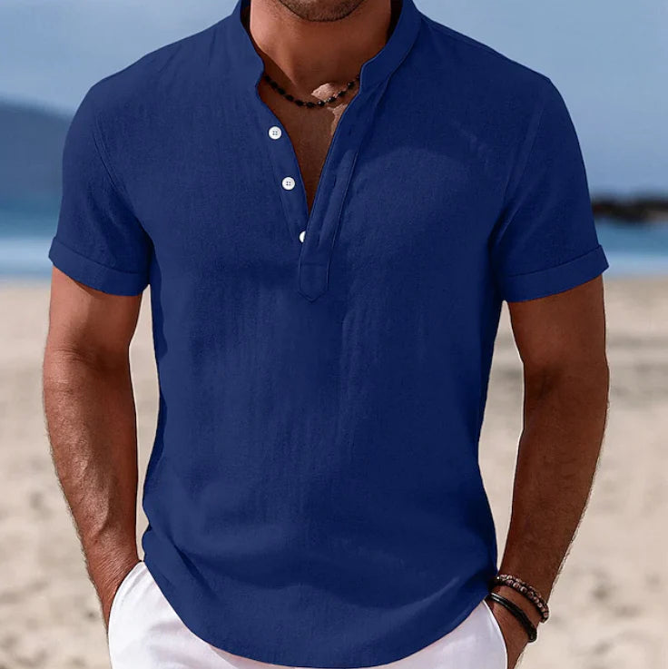 Close-up view of Men's Summer Button-Up Short Sleeve Shirt showing woven fabric texture and button detail