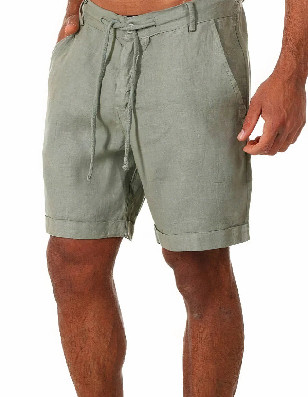 Men's cuffed chino shorts styled for casual summer wear with front pocket access