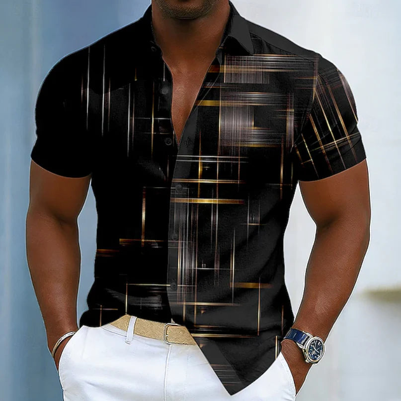 Men's short sleeve button geometric shirt with linear grid print on black base and collared neckline