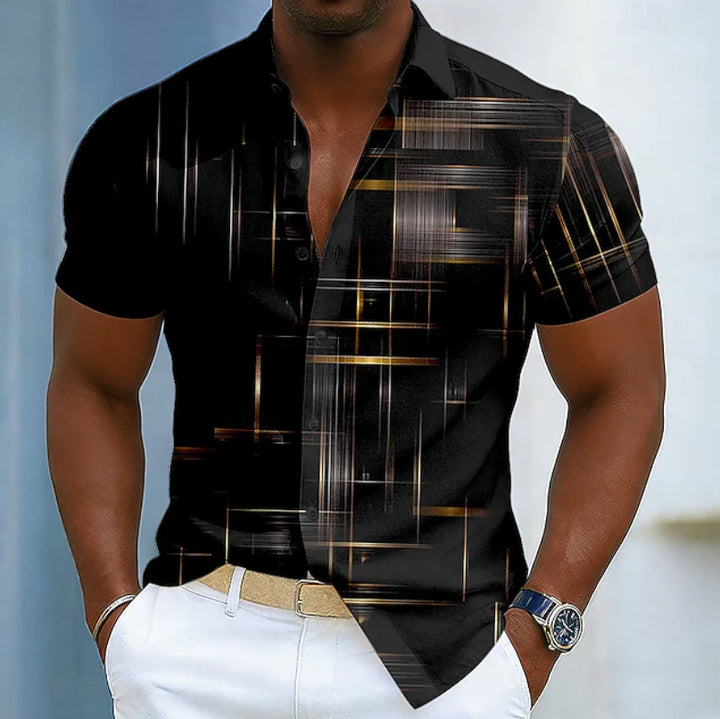 Men's short sleeve button geometric shirt with linear grid print on black base and collared neckline
