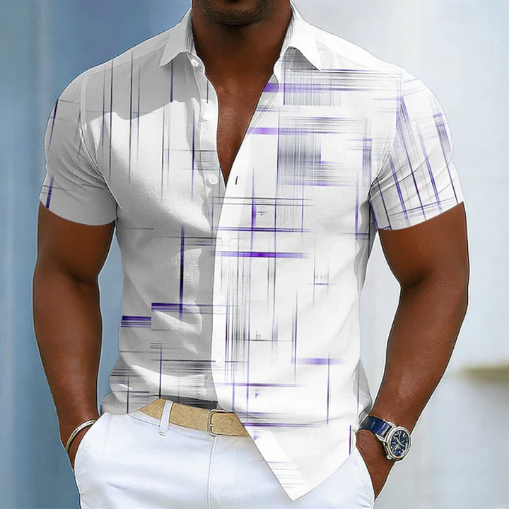Men's button-up shirt with allover geometric pattern styled for casual warm-weather wear