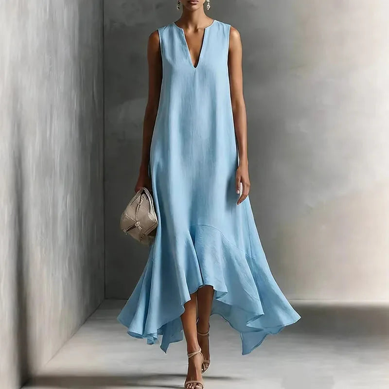 Side view of V Neck Flowy Sundress showing relaxed silhouette and asymmetric ruffle hem detail