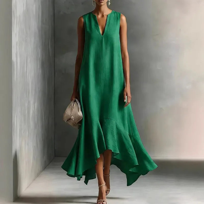 Close-up of V Neck Flowy Sundress deep V-neckline and sleeveless design with flowing fabric