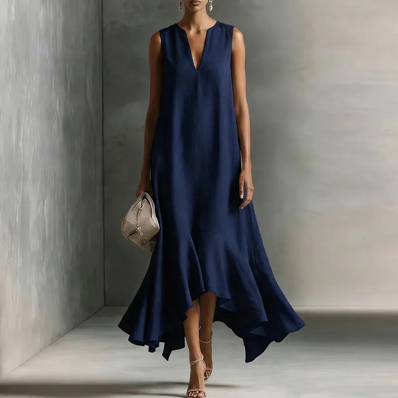 Full-length view of V Neck Flowy Sundress with loose fit and movement through the hemline