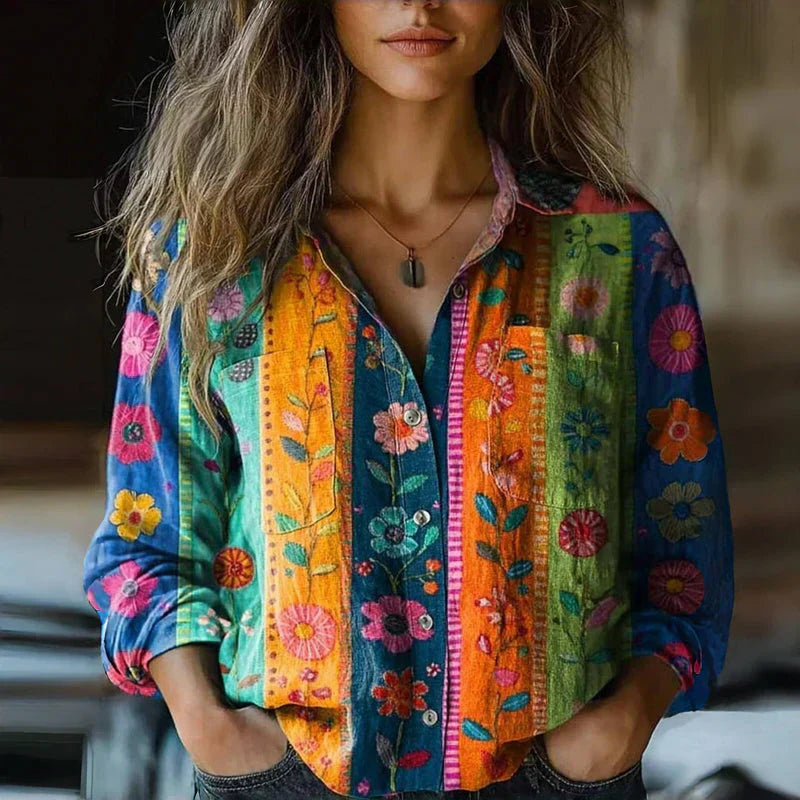 Full view of women's relaxed fit bohemian blouse with button-front and all-over floral pattern