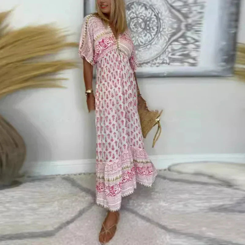 Side view of relaxed boho print maxi dress showing flowing silhouette and full-length hem