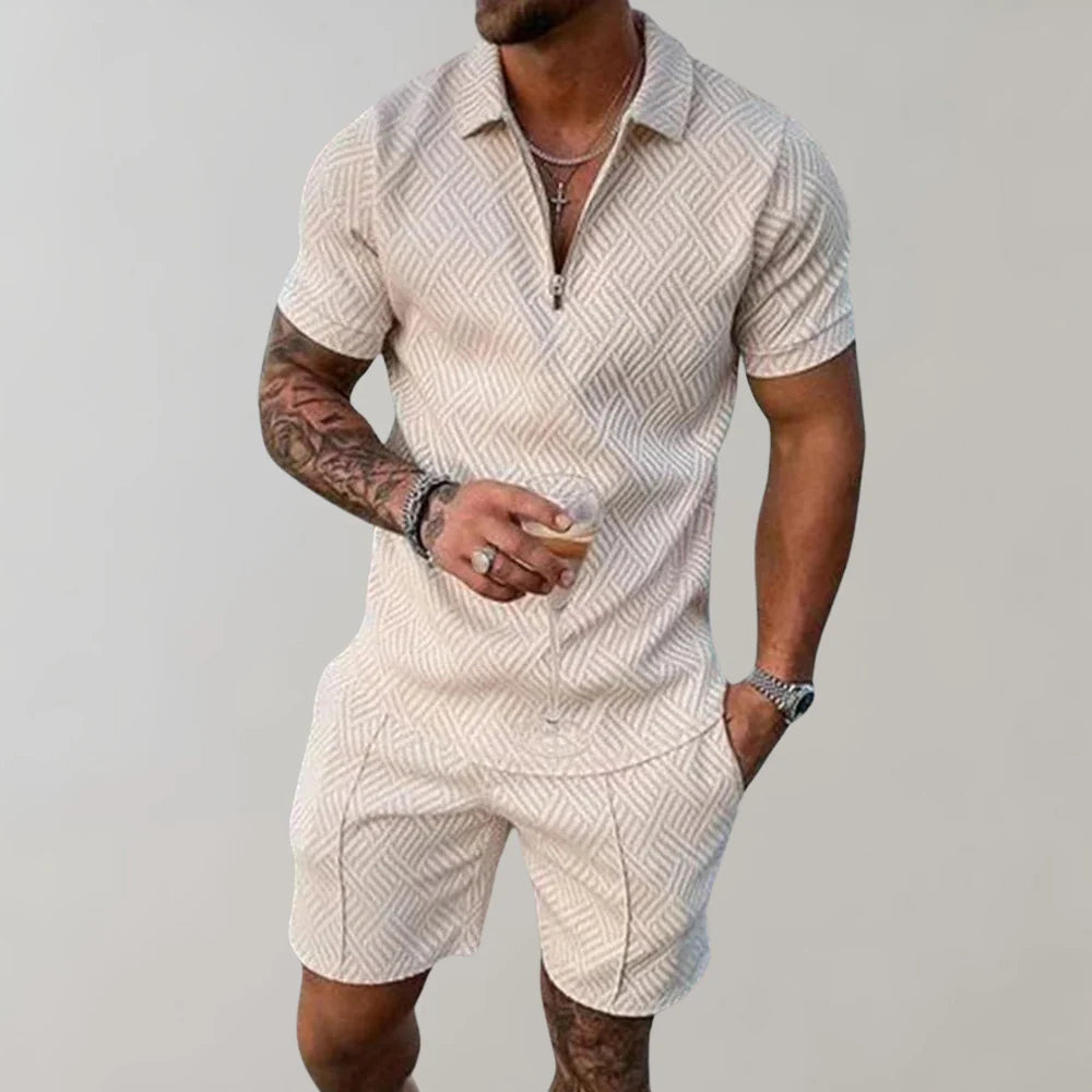 Side angle of men's matching polo shirt and shorts set with structured fabric finish