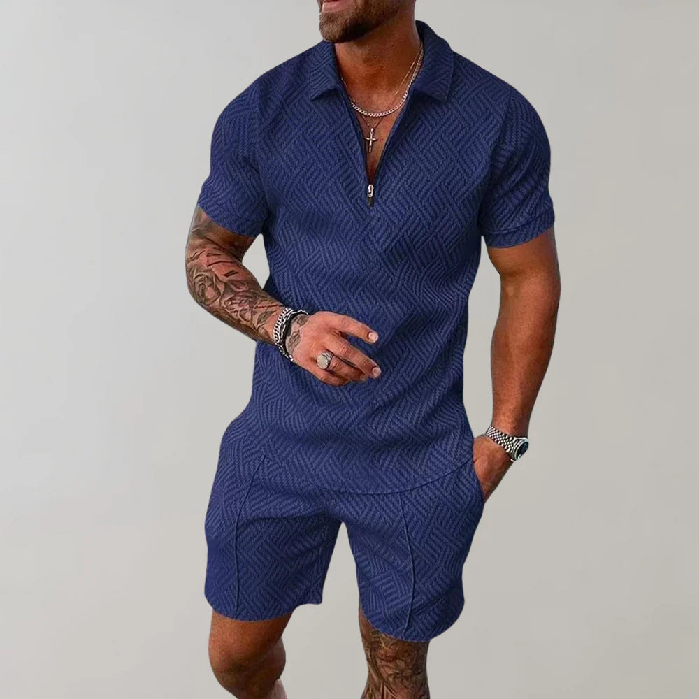 Full view of men's coordinated textured polo and shorts outfit in casual styling