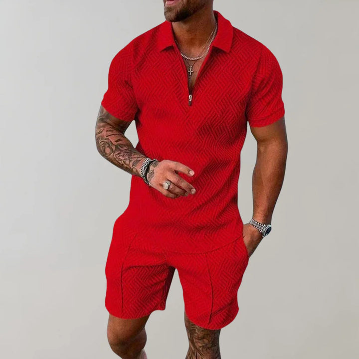 Detail of men's textured matching set showing zip-front closure and pattern consistency