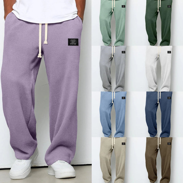 Men's casual joggers in sky blue waffle knit with relaxed straight leg styling