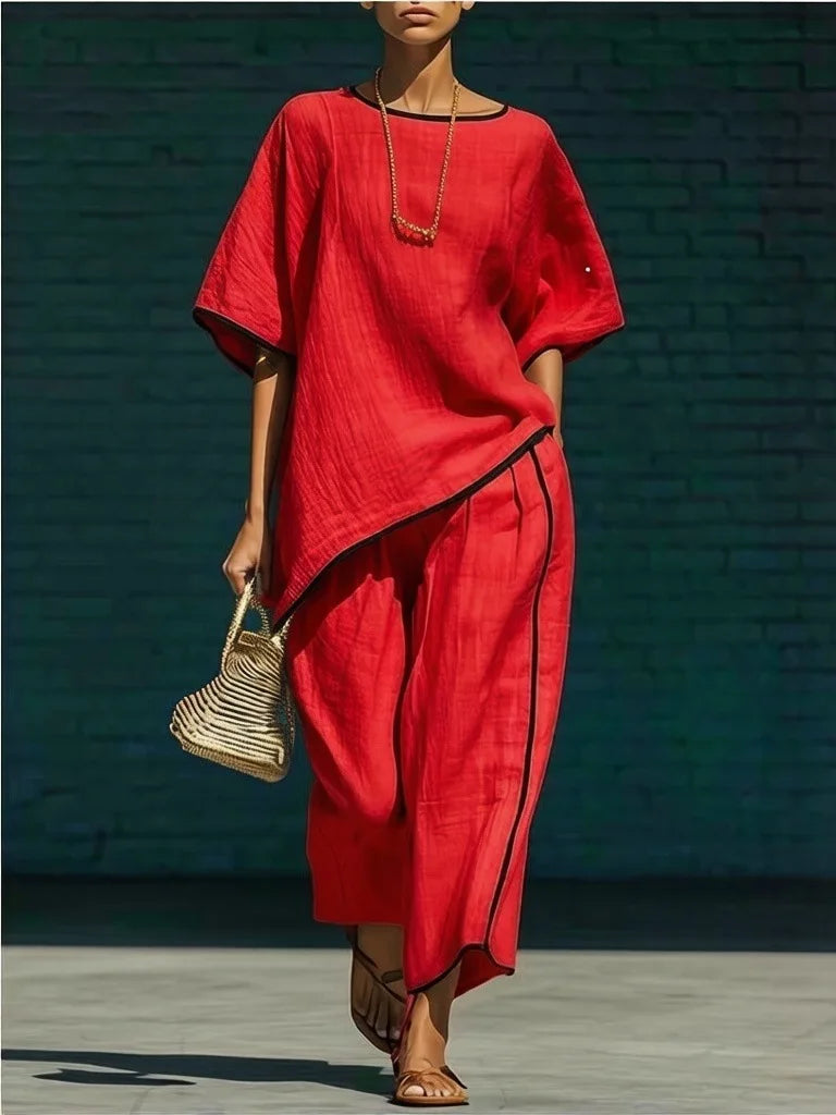 Close-up of linen pant set fabric texture and asymmetric hem on top