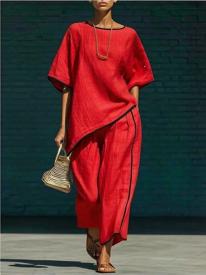 Close-up of linen pant set fabric texture and asymmetric hem on top