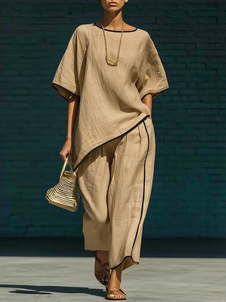 Woman styling linen cropped pant set with sandals and woven bag for summer
