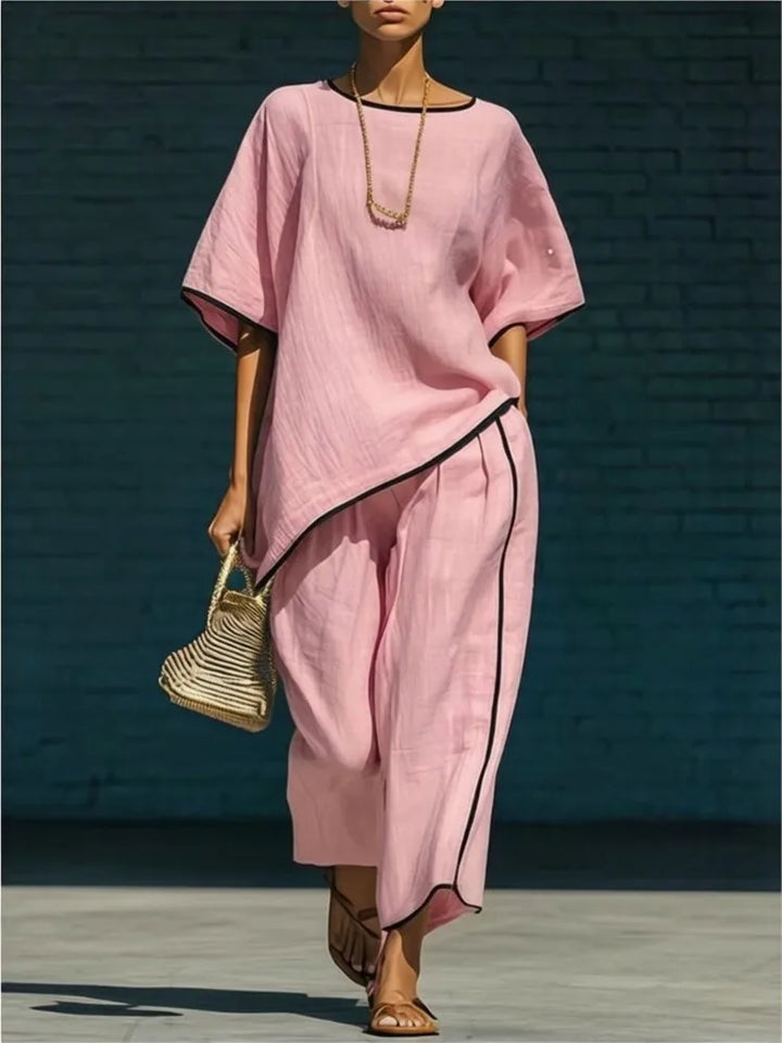 Back view of relaxed fit linen pant set showing loose drape and cropped length