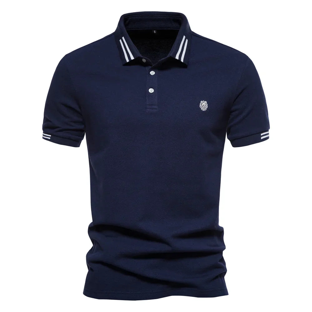Men's Short-Sleeve Polo Shirt with Stripe Trim in navy blue with white contrast stripes on collar and sleeves