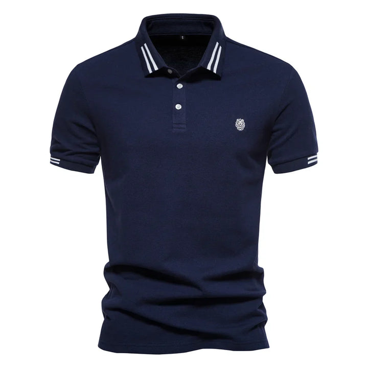 Men's Short-Sleeve Polo Shirt with Stripe Trim in navy blue with white contrast stripes on collar and sleeves